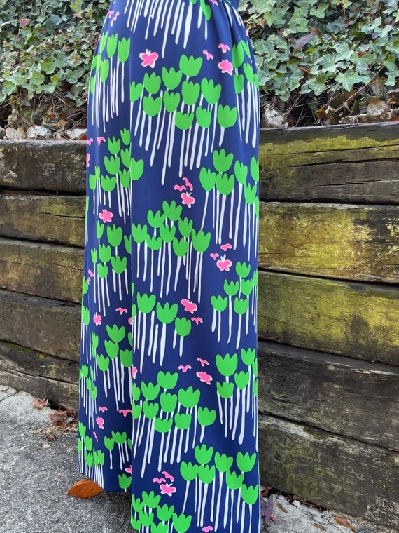 1970s navy blue floral maxi dress, 70s vintage flower… - Gem