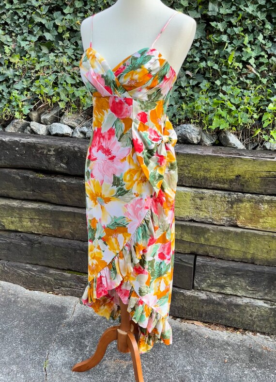 1980s floral high-low ruffle wrap dress, 80s vint… - image 3