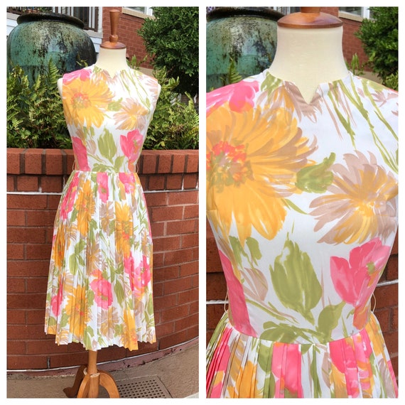1960s floral day dress, 60s vintage pleated dress,