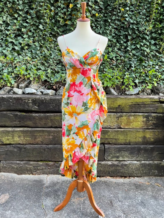 1980s floral high-low ruffle wrap dress, 80s vint… - image 2