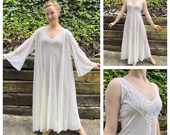 1970s sheer lace peignoir set, 70s vintage diagonal lace stripe nightgown and robe, retro bridal lingerie dressing gown nightie, size S/M