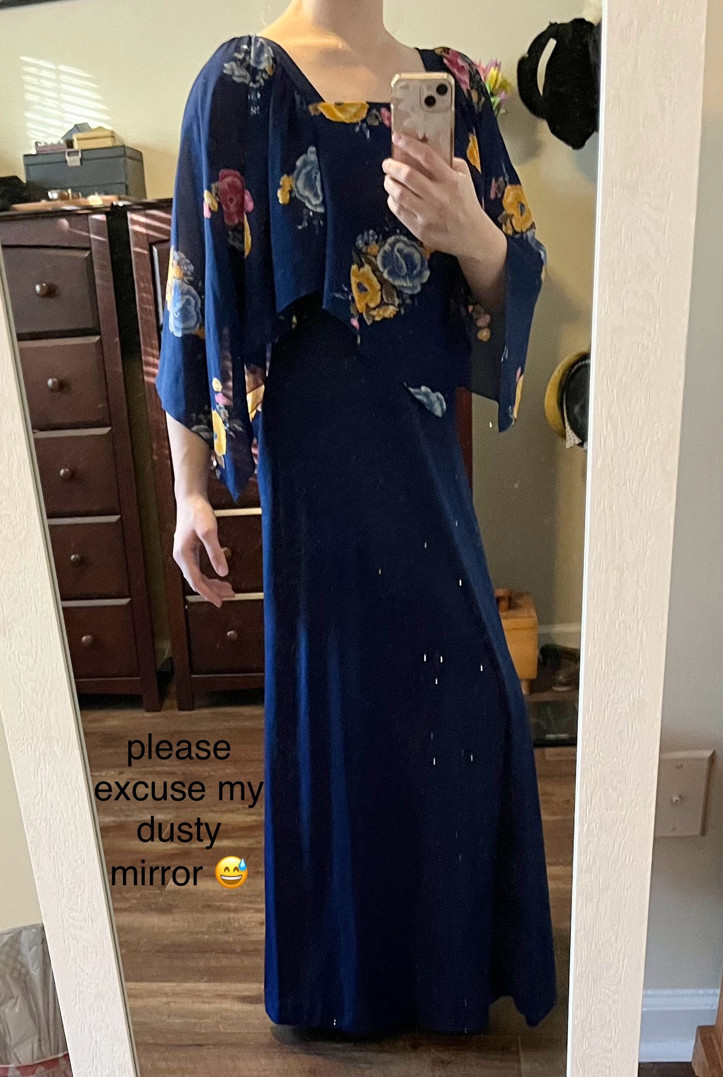 1970s Navy Blue Maxi Dress With Cape, 70s Vintage Floral Flutter Sleeve ...