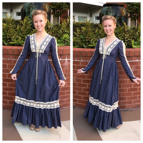 1970s Gunne Sax dress, 70s vintage dark blue peasa