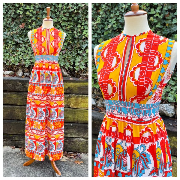 1970s red geometric maxi dress, 70s vintage teal yellow Aztec print formal gown, tropical floral groovy hippie keyhole neck dress, size XS/S