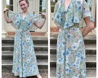 1970s teal floral halter neck maxi dress, 70s vintage empire waist Hawaiian flower ruffle cape formal evening cocktail prom gown, size XS/S