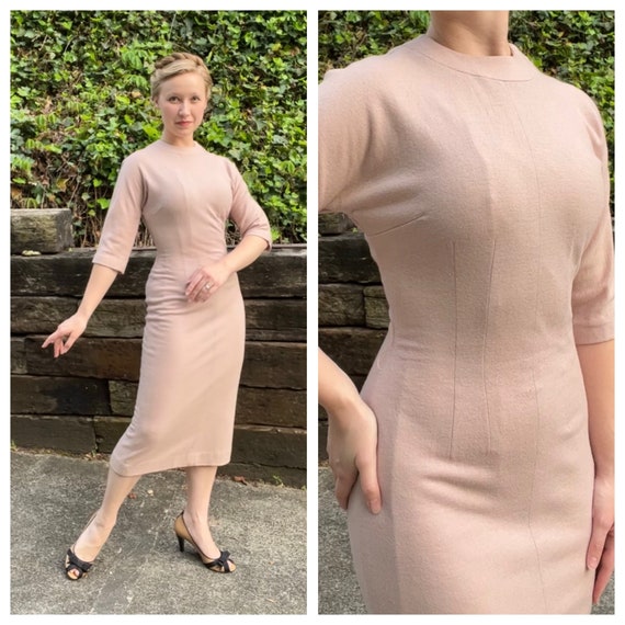 1950s Pale Pink Wool Wiggle Dress, 50s Vintage Flesh Tone Jersey Knit Sheath Midi Dress, Beige Pin-up Bombshell Pencil Dress, Size XS/S - Etsy 1950s Pale Pink Wool Wiggle Dress, 50s Vintage Flesh Tone Jersey Knit Sheath Midi Dress, Beige Pin-up Bombshell Pencil Dress, Size XS/S - Etsy