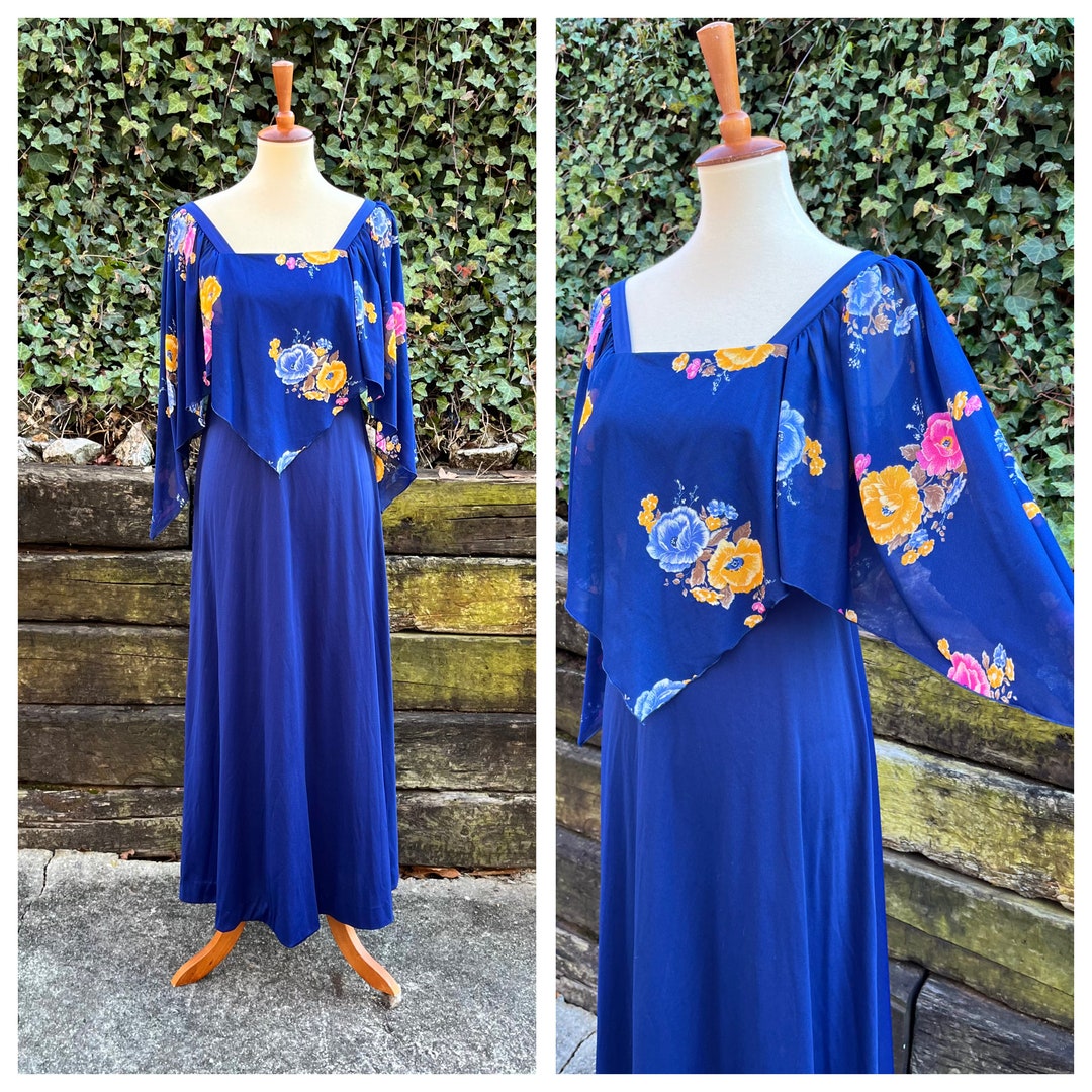 1970s Navy Blue Maxi Dress With Cape, 70s Vintage Floral Flutter Sleeve ...
