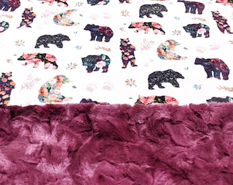Manta de bebé con osos florales, manta de bosque para niña, manta de bebé con diseño de bosque de minky, manta de oso para niña, manta de minky para guardería forestal