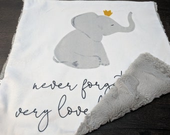 35" x 36" Minky Elephant Baby Blanket, Elephant Blanket Never Forget How Very Loved You Are, Elephant Blanket Gender Neutral Baby Shower