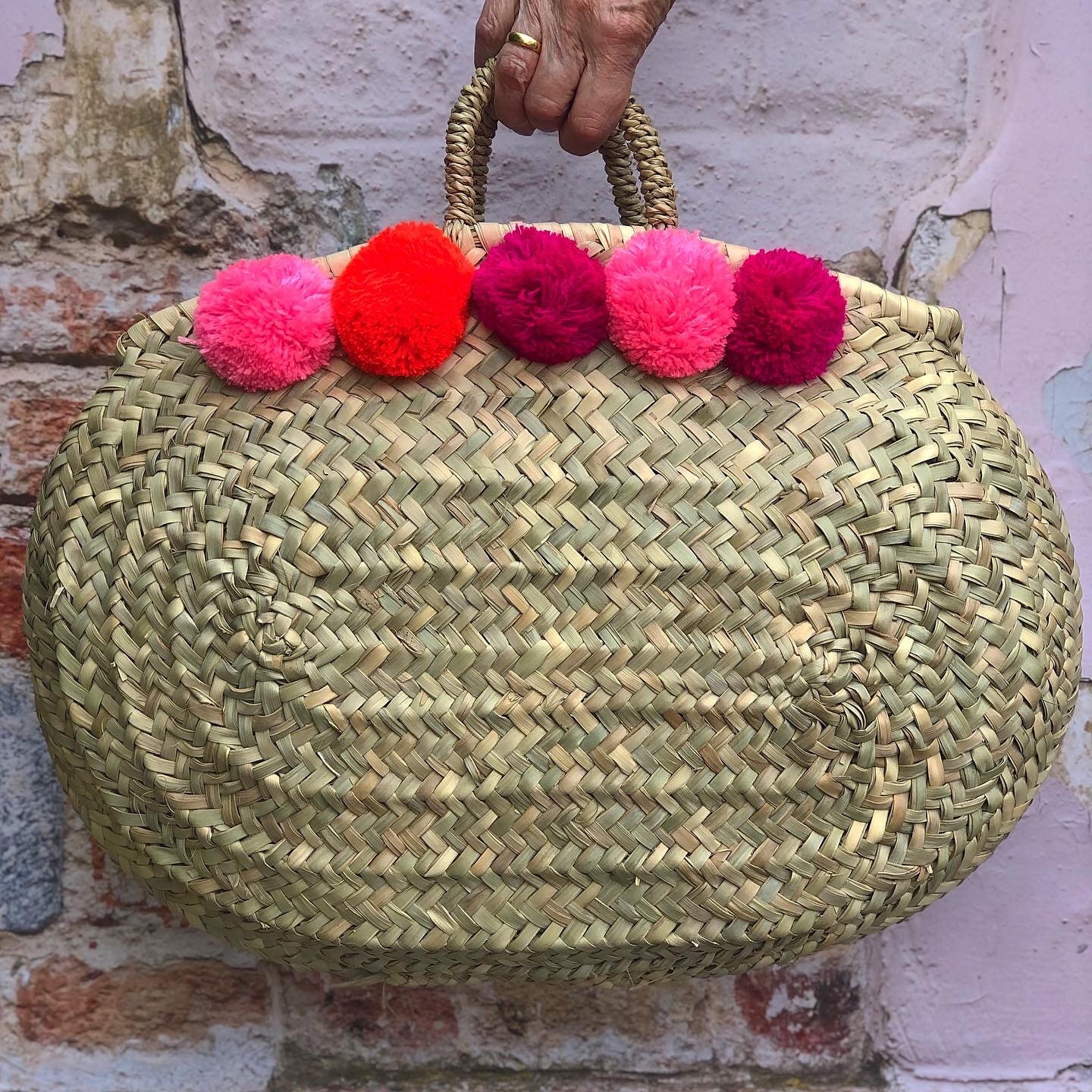 Pompom seagrass shopping handbag bag storage basket grey pink | Etsy