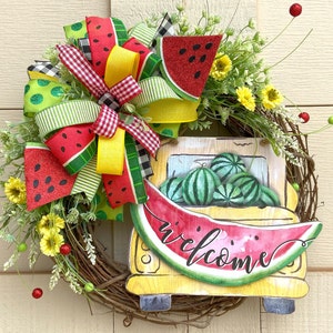 Watermelon Wreath Summer Wreath for Front Door Vintage Truck Wreath Watermelon Decor Whimsical Summer Wreath with Fruit Welcome Wreath