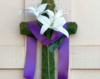 Cross Wreath Easter Wreath for Front Door Lily Cross Decoration Lily Wreath Easter Moss Cross Easter Gift for Couple New Home Easter Gift