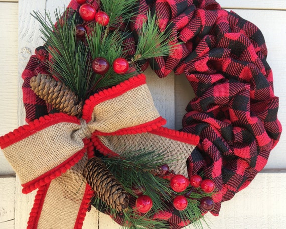 Christmas Wreath, Burlap Winter Wreath, Christmas Burlap Wreath, Winter Wreath, Buffalo Plaid Burlap Wreath, Christmas Wreath for Front DOor