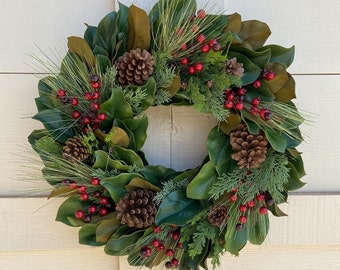 Christmas Wreath Magnolia Winter Wreath Evergreen Front Door Wreath Large Mantle Wreath Pine Christmas Wreath Red Berry Wreath Wedding Decor