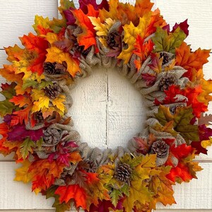 Fall Burlap Wreath, Autumn Wreath with Leaves, Front Door Decor for Fall, Mantel Wreath for Thanksgiving, Natural Burlap Wreath for Fall afbeelding 1