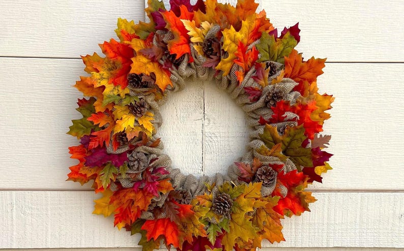 Fall Burlap Wreath, Autumn Wreath with Leaves, Front Door Decor for Fall, Mantel Wreath for Thanksgiving, Natural Burlap Wreath for Fall afbeelding 1
