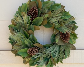 Winter Magnolia Wreath Evergreen Pine Christmas Magnolia Wreath for Front Door Decor Mantle Wreath for Lodge Cabin Christmas Decor Fireplace