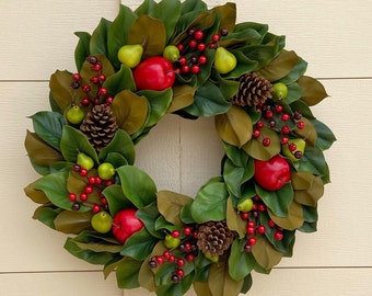 Williamsburg Christmas Wreath Winter Magnolia Wreath with Fruit for Christmas Front Door Decor Williamsburg Mantle Decor Wreath Fruit Wreath