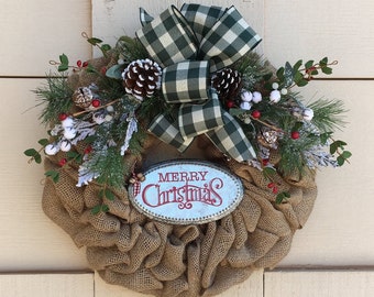 Christmas Wreath, Merry Christmas Wreath, Natural Christmas Wreath, Christmas Wreath for Front Door, Christmas Burlap Wreath, Burlap Wreath