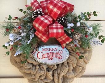 Christmas Wreath, Merry Christmas Wreath, Natural Christmas Wreath, Christmas Wreath for Front Door, Christmas Burlap Wreath, Burlap Wreath