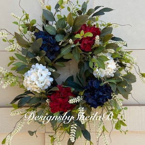 Patriotic Wreath July 4 Hydrangea Floral Wreath Red White Blue Patriotic Decor July 4 Patriotic Hydrangea Wreath Elegant July 4 Decor