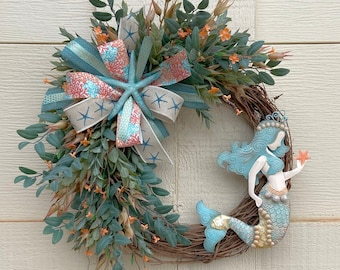 Mermaid Wreath Coastal Beach Wreath Summer Wreath Mermaid Decor Wreath Starfish Wreath Beach House Ocean Wreath Seashell Decor Mermaid Gift