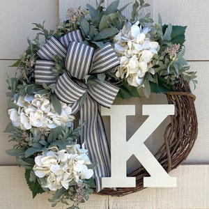 Hydrangea Wreath, Monogram Wreath, Summer Wreath, Hydrangea Wreath White, Summer Wreath for Front Door, Everyday Wreath for Front Door