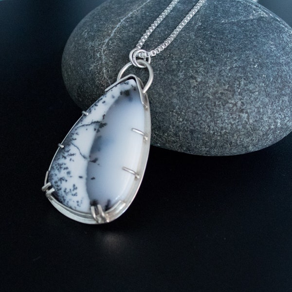 Falling Snow Pendent - Dendritic Agate and Sterling Silver Teardrop Pendent