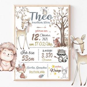 BIRTH TABLE Forest Animals - Forest Friends - Birth Dates Poster - Birth Announcement - Baby - Personalized Birth Gift