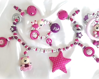 Kinderwagenkette mit Namen - Geschenk zur Taufe, Geburt (Set: Kinderwagen-, Spiel- und Schnullerkette Pink, Silber, Lila)