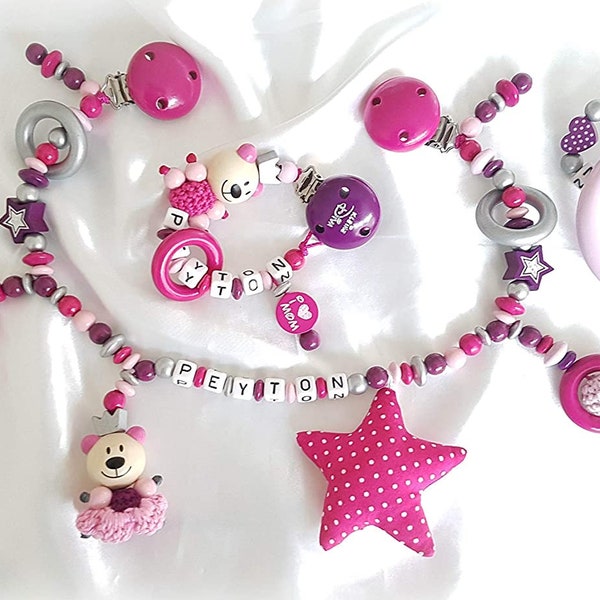 Kinderwagenkette mit Namen - Geschenk zur Taufe, Geburt (Set: Kinderwagen-, Spiel- und Schnullerkette Pink, Silber, Lila)