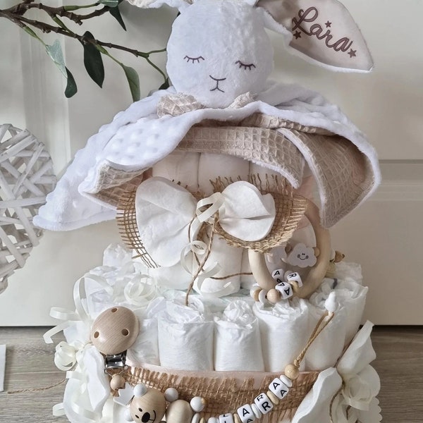 Windeltorte XXL - Junge Mädchen - Kuscheltier Hase - Geschenk, Baby, Geburt + Gratis Grußkarte