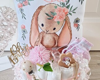 Windeltorte Namen Junge - Mädchen - Kuschelkissen Hase - Schnullerkette & Greifling - Geschenk, Baby, Geburt + Gratis Grußkarte