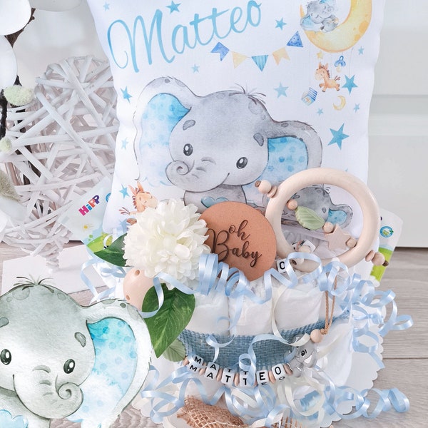 Windeltorte mit Namen Junge - Kuschelkissen Elefant -  Geschenk, Baby, Geburt + Gratis Grußkarte