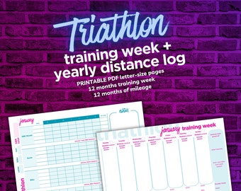 Weekly Triathlon Training Planner, Yearly Distance Log, Weekly Triathlon Schedule, Training Calendar, Training Diary, Printable PDF