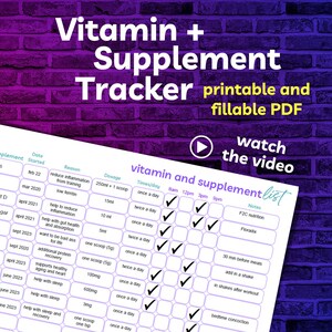 Könnte beinhalten: Eine druckbare Checkliste für Vitamin- und Nahrungsergänzungsmittel mit einem lila und rosa Hintergrund. Die Checkliste enthält Spalten für den Namen des Nahrungsergänzungsmittels, das Startdatum, den Grund, die Dosierung, die Häufigkeit pro Tag und Notizen. Die Checkliste soll Menschen helfen, ihre Vitamin- und Nahrungsergänzungsmittelzufuhr zu verfolgen.