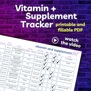 May include: A printable vitamin and supplement tracker checklist with a blue and white grid. The checklist includes columns for date started, reason, dosage, times per day, and notes. The checklist is designed to help people track their vitamin and supplement intake.