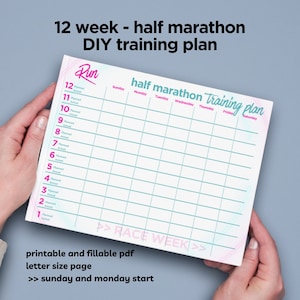 12 week Half Marathon, Training Plan Template, Train Half Marathon, Half Marathon Schedule, Half Marathon Race Plan, Printable and Fillable