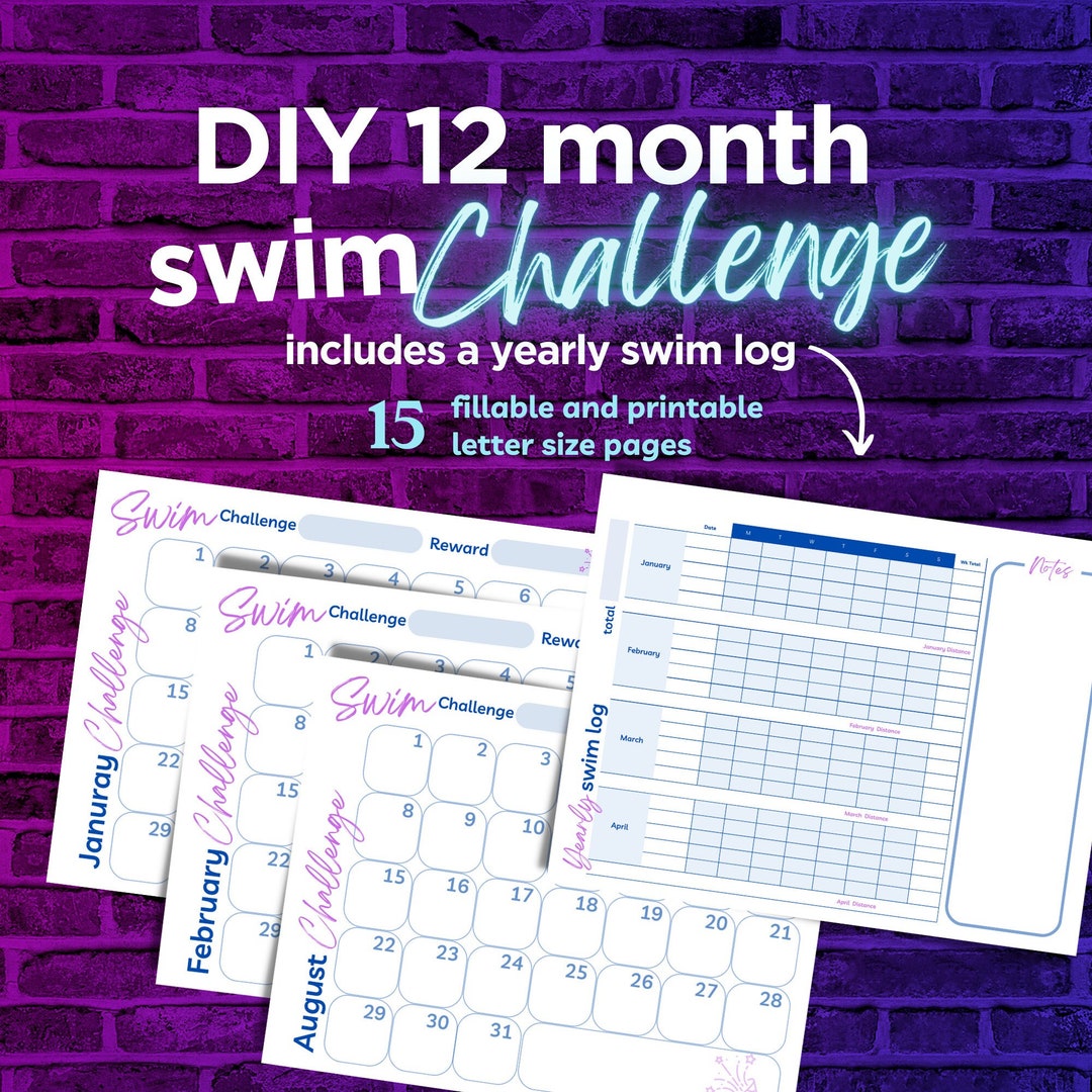 DIY Monthly Swim Challenges, 30 Day Swim Tracker, Swimming