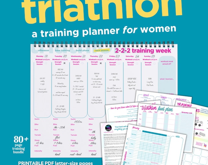 Featured listing image: Women's Triathlon Training Planner, Swim Bike Run Log (Printable PDF)