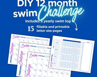12-Month Swim Challenge Tracker, 30 day challenges, Printable Swim Log (PDF)