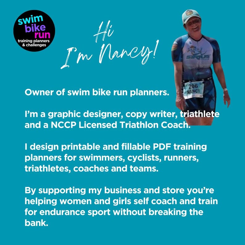 Op de afbeelding: Een vrouw in een blauw en wit triathlonpak met het woord "SIRIUS" op de voorkant en het nummer "206" op de achterkant. De tekst "Hi I'm Nancy!" staat in witte tekst op een blauwe achtergrond. De tekst "Owner of swim bike run planners." staat onder de afbeelding van de vrouw. De tekst "I'm a graphic designer, copy writer, triathlete and a NCCP Licensed Triathlon Coach." staat onder de tekst "Owner of swim bike run planners."