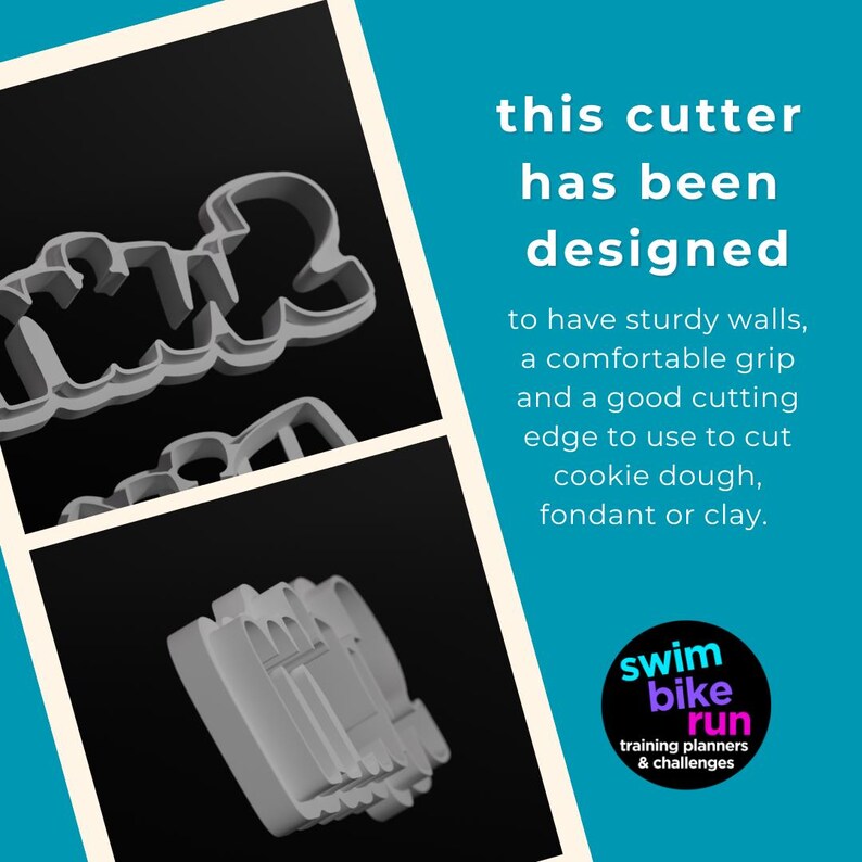 Op de afbeelding: Twee koekjesuitstekers, een in de vorm van het woord "run" en de andere met een reeks verticale lijnen, worden getoond op een zwarte achtergrond. De tekst "this cutter has been designed to have sturdy walls, a comfortable grip and a good cutting edge to use to cut cookie dough, fondant or clay." wordt weergegeven in witte tekst op een blauwe achtergrond. De tekst "swim bike run training planners & challenges" wordt weergegeven in witte tekst op een blauwe cirkel.