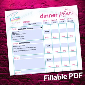 Weekly Meal Planner, Fillable PDF Meal Planner, Daily Meal Planner, Monthly Meal Plan,  Breakfast Lunch and Dinner Recipe Cards Included
