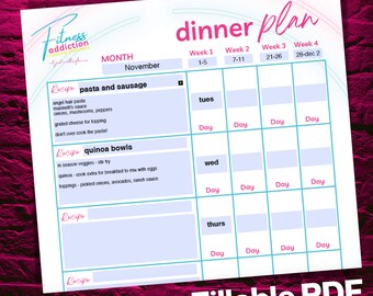 Weekly Dinner Meal Planner, Fillable Recipe Cards (PDF)