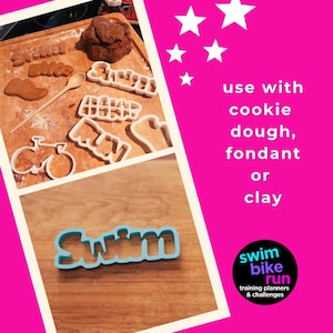 cookie cutters swim, bike, run on a cutting board, swim cookie cutter on a cutting board, use with cookie dough, fondant or clay