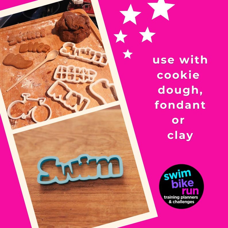 cookie cutters swim, bike, run on a cutting board, swim cookie cutter on a cutting board, use with cookie dough, fondant or clay