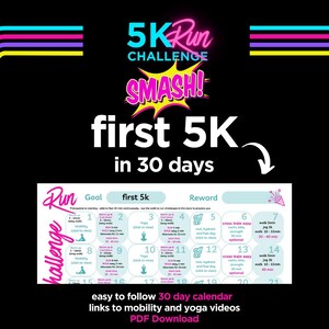 Könnte beinhalten: Ein 30-Tage-Kalender für eine 5-km-Lauf-Herausforderung. Der Kalender beinhaltet tägliche Aktivitäten wie Laufen, Gehen, Yoga und Cross-Training. Der Kalender trägt den Titel "Erste 5 km in 30 Tagen" und beinhaltet eine Belohnung für die Bewältigung der Herausforderung. Der Kalender ist einfach zu befolgen und enthält Links zu Mobilitäts- und Yoga-Videos. PDF-Download.