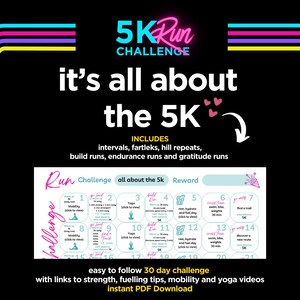 Könnte beinhalten: Eine 30-tägige 5K-Lauf-Challenge mit einem farbenfrohen Kalender, der Yoga-, Mobilitäts- und Kraftübungen beinhaltet. Der Text "it's all about the 5K" ist in Pink und Gelb geschrieben. Der Text "easy to follow 30 day challenge with links to strength, fuelling tips, mobility and yoga videos instant PDF Download" ist in Schwarz geschrieben.