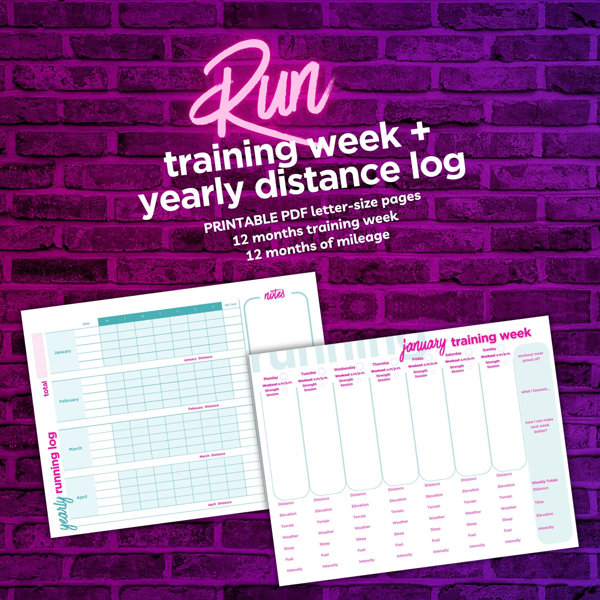 Weekly Running Planner, Yearly Running Distance Log, Weekly Run Schedule, Run Training Calendar, Running Diary, Running Log, Printable PDF